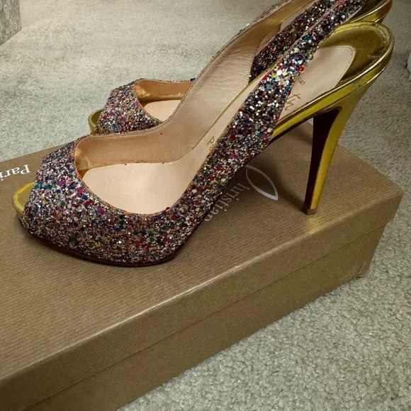 Christian Louboutin Multicolor Glitter Peep-Toe Slingback Heels - Picture 3 of 9